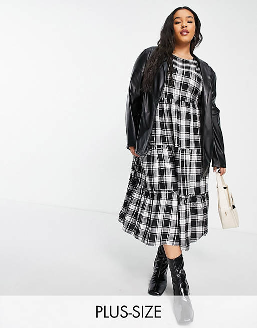 Yours tiered midi dress in black check
