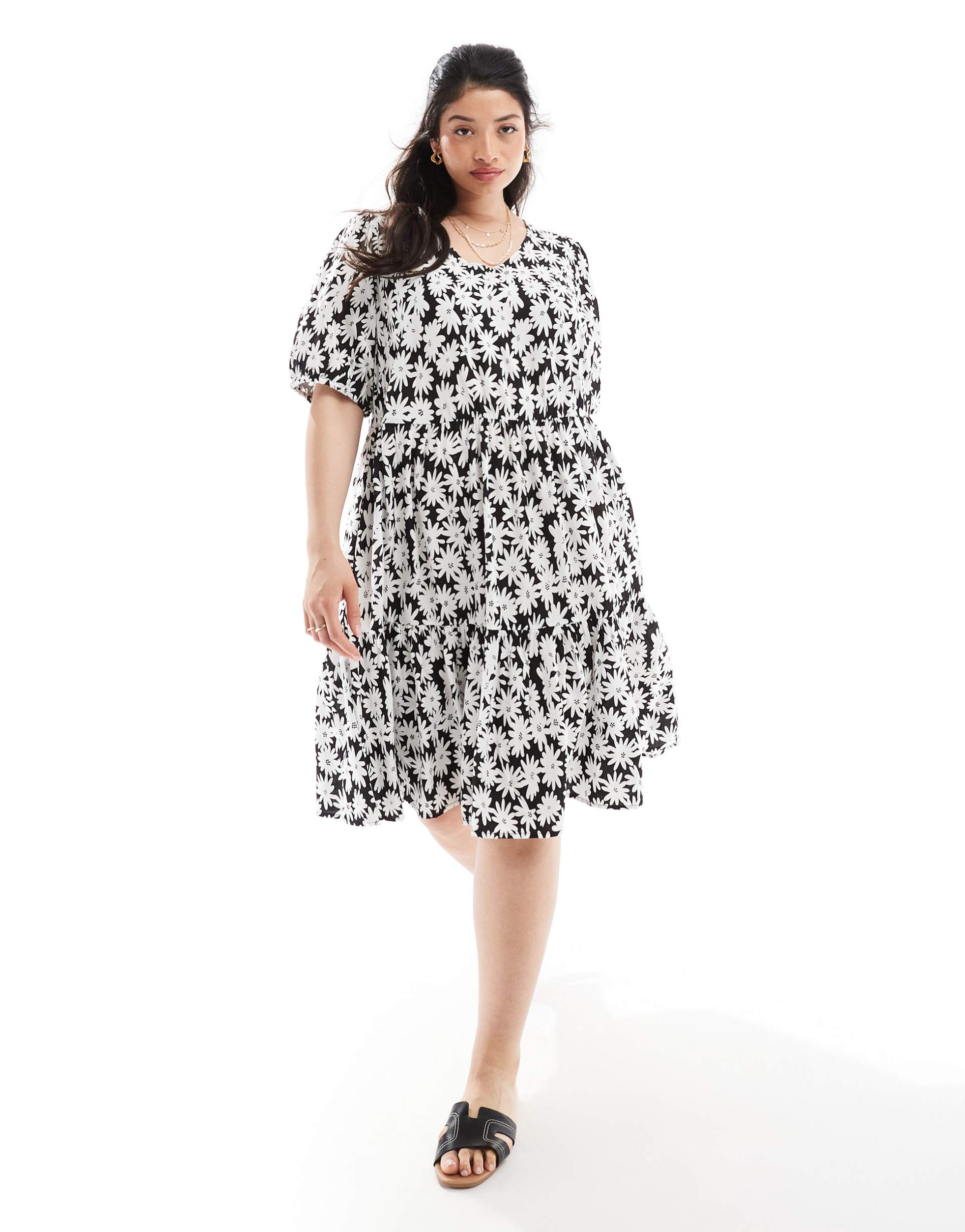 yours tiered midi dress in black and white floral