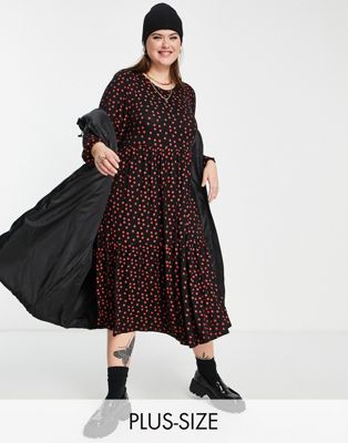 Yours tiered midi dress in black polka dot