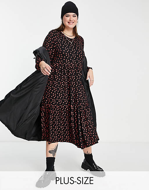  Yours tiered midi dress in black polka dot 