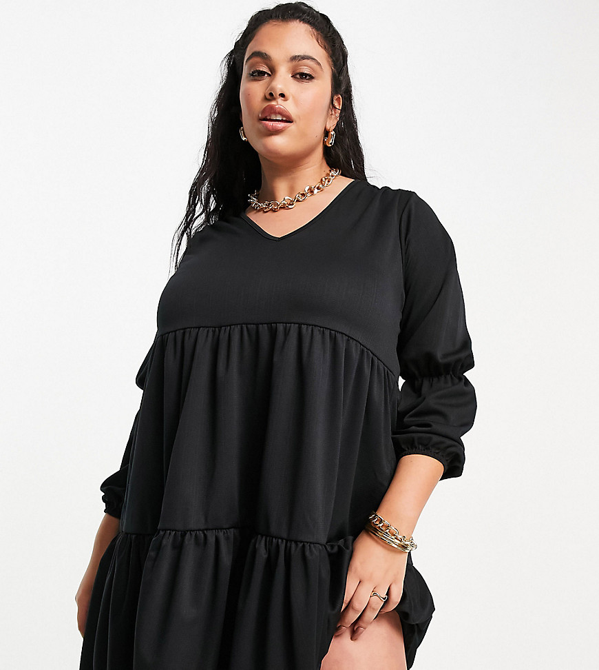 YOURS TIERED MIDI DRESS WITH PUFF SLEEVES IN BLACK,212877