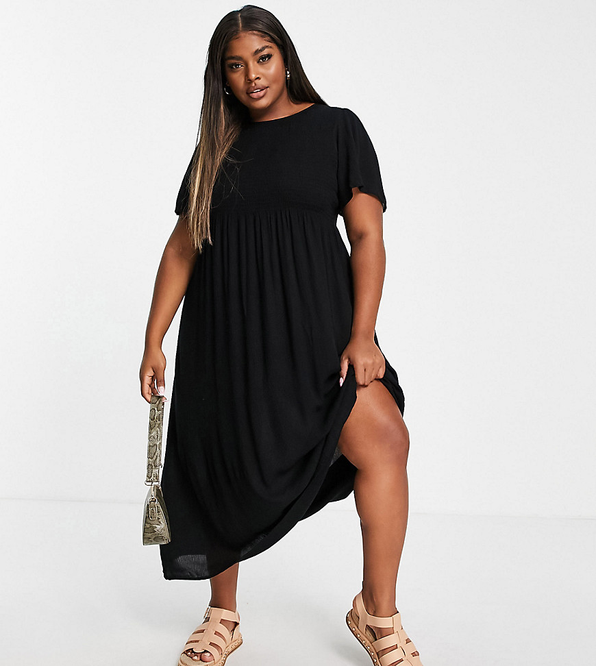Yours tiered midi smock dress in black