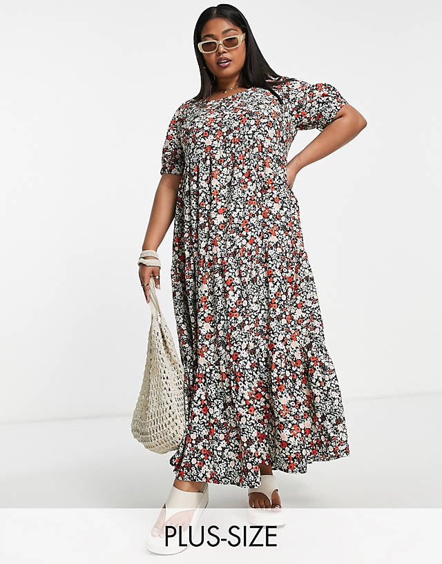 Yours tiered smock dress in red floral
