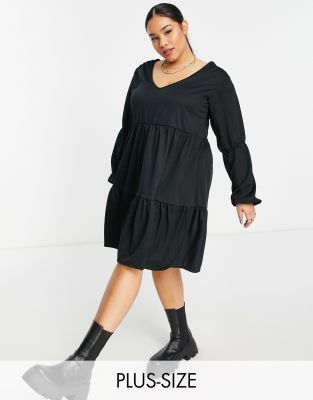 Yours Tiered Smock Long Sleeve Dress In Black Modesens