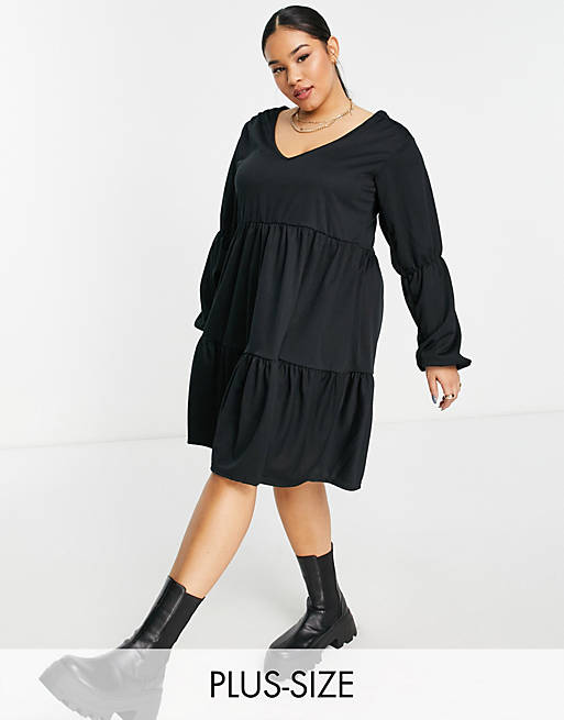 Yours tiered smock long sleeve dress in black