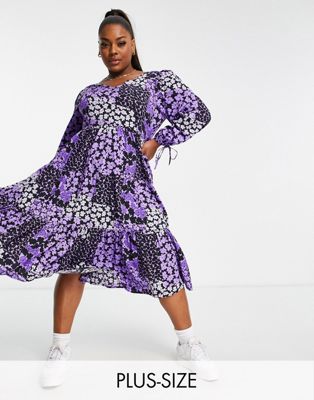 Yours tiered smock midi dress in purple floral