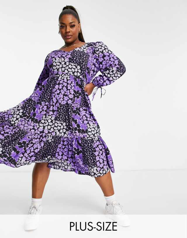 Yours tiered smock midi dress in purple floral