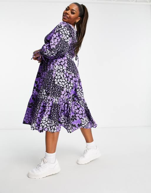 fitted lace wedding dress Women's Vintage 70's Purple Floral Boho Dress