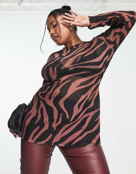 Yours - Top en tulle à manches longues et imprimé zébrures - Marron et noir - view 1