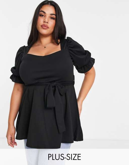 Yours - Top peplo con scollo a cuore, colore nero