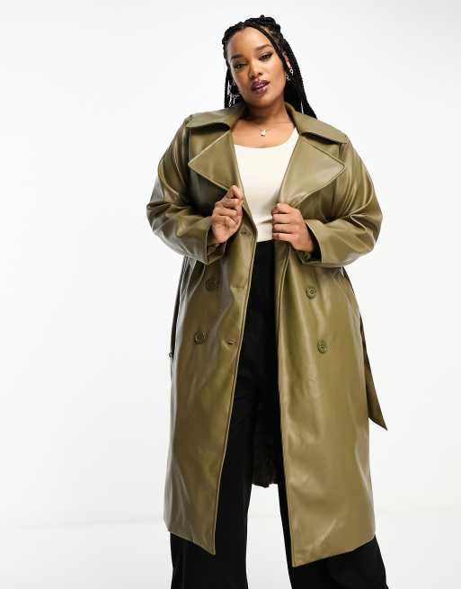 Yours - Trench in pelle sintetica kaki con cintura