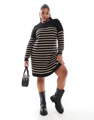 Yours Tunic Striped Mini Sweater Dress In Black And Neutral-multi