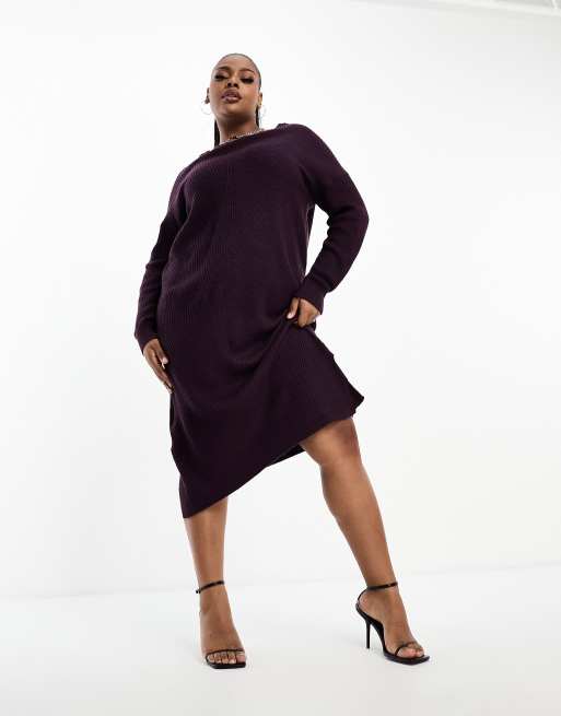 Yours v neck jumper dress in berry