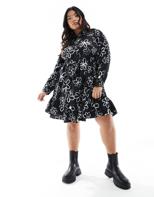 Yours - Vestito corto stile tunica nero a fiori