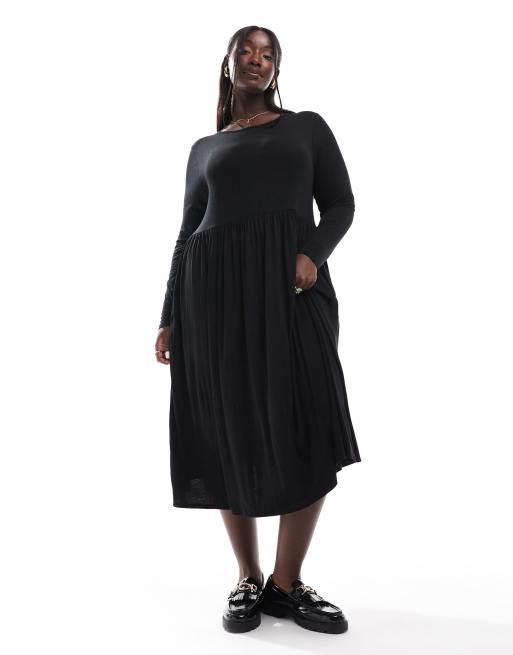 Yours - Vestito grembiule midi nero a maniche lunghe con tasche