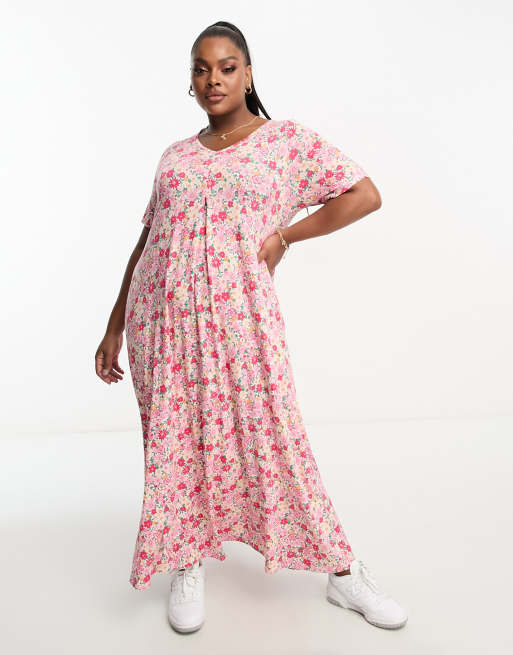 Yours - Vestito lungo rosa a fiori con pieghe sul davanti