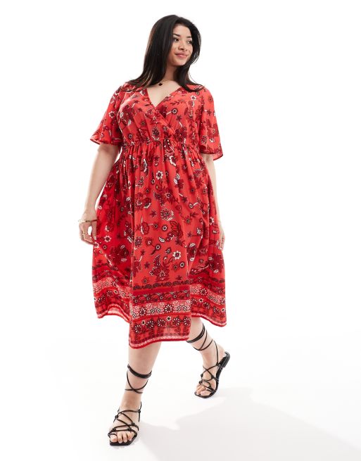 Yours - Vestito lungo rosso a fiori con maniche a sbuffo