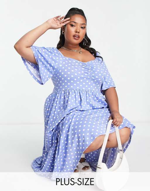 Yours - Vestito midi a balze con scollo a cuore e maniche svolazzanti blu a pois