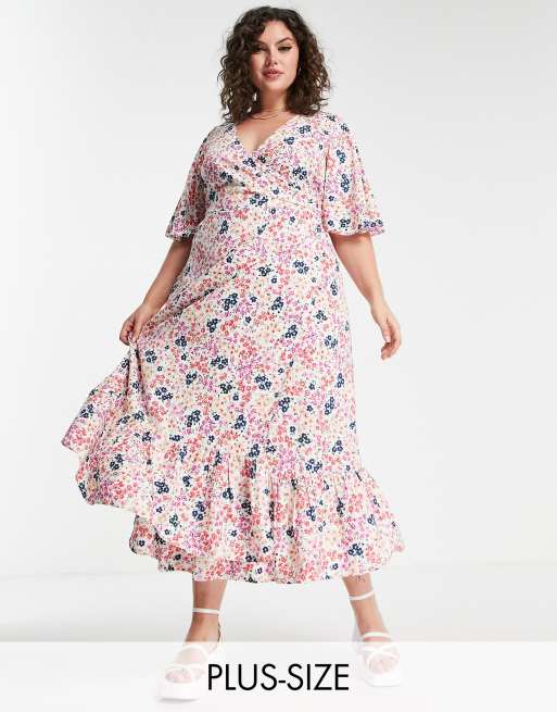 Yours - Vestito midi a portafoglio con fondo a balze bianco a fiorellini