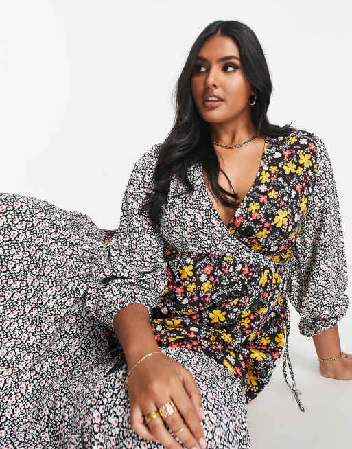 Yours - Vestito midi a portafoglio nero con stampa floreale a contrasto, 3 di 4