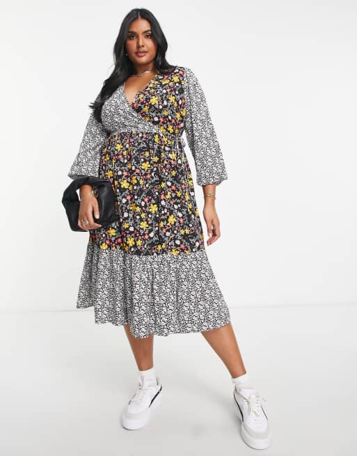 Yours - Vestito midi a portafoglio nero con stampa floreale a contrasto, 4 di 4