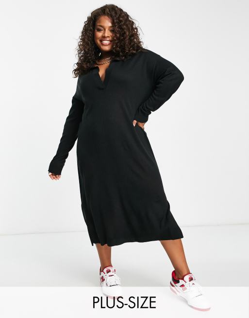 Yours - Vestito midi in maglia nero con colletto