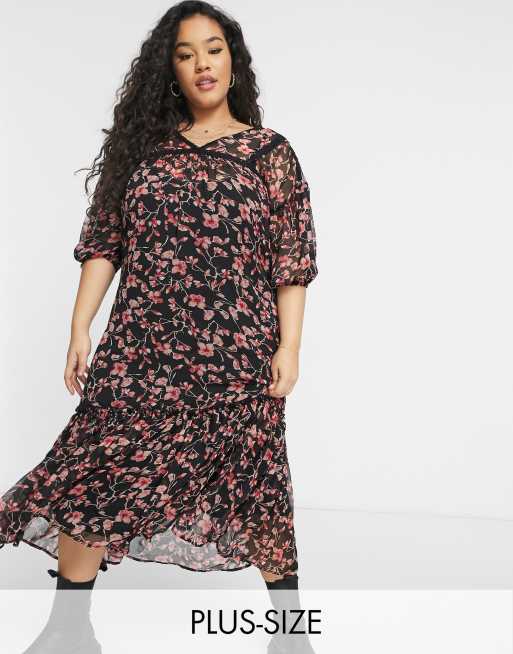 Yours - Vestito midi rosa a fiori con dettaglio in pizzo