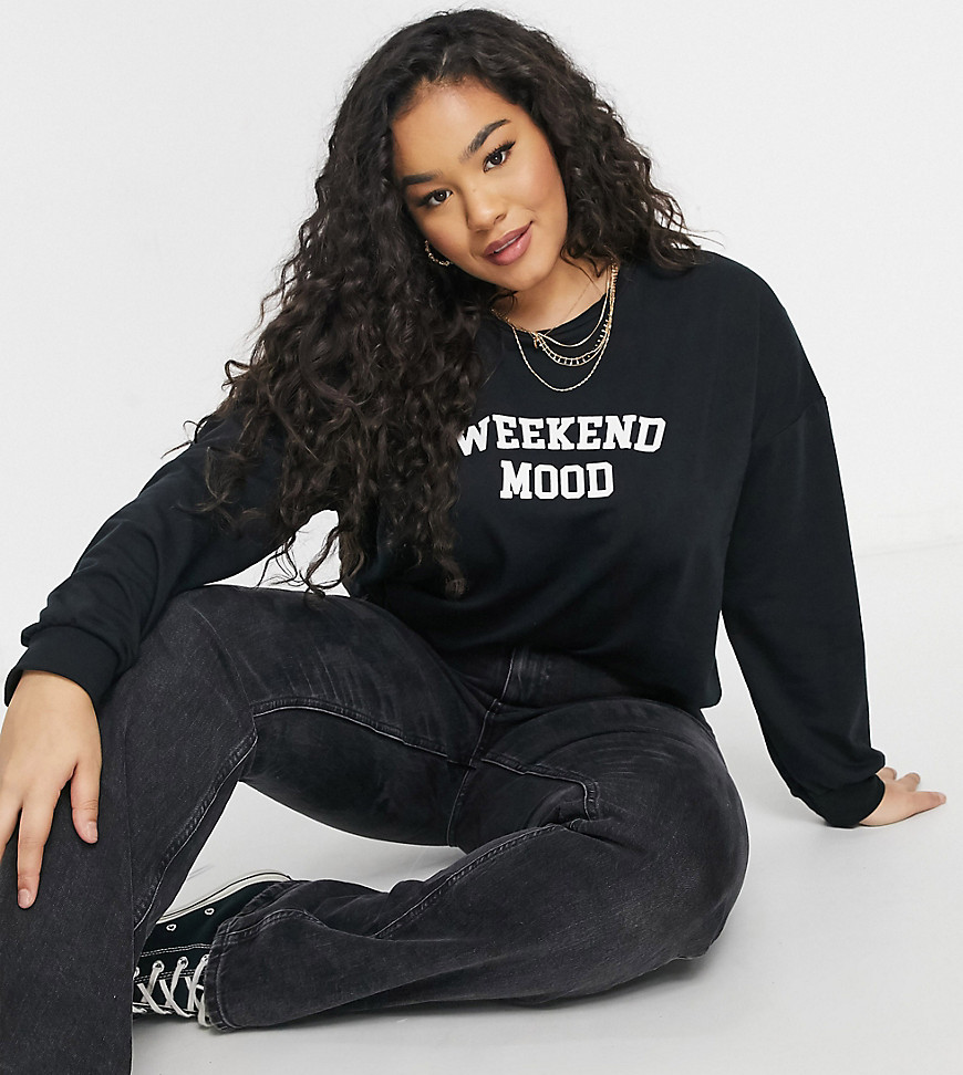 Yours 'weekend mood' slogan sweatshirt in black-Grey