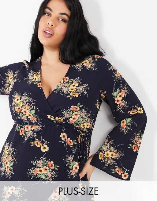 Yours - Wickelbluse mit Blumenmuster in Marine