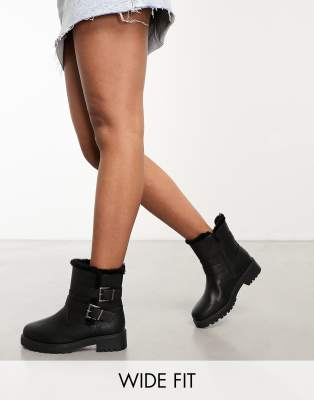 Yours Wide Fit Biker Boots With Faux Fur Lining In Black