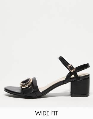 Yours Wide Fit buckle detail block heeled sandal in black | ASOS
