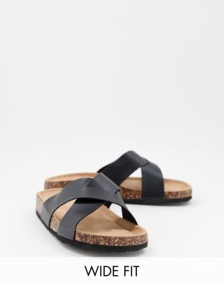 Yours wide fit cross strap flat sandals in black | ASOS