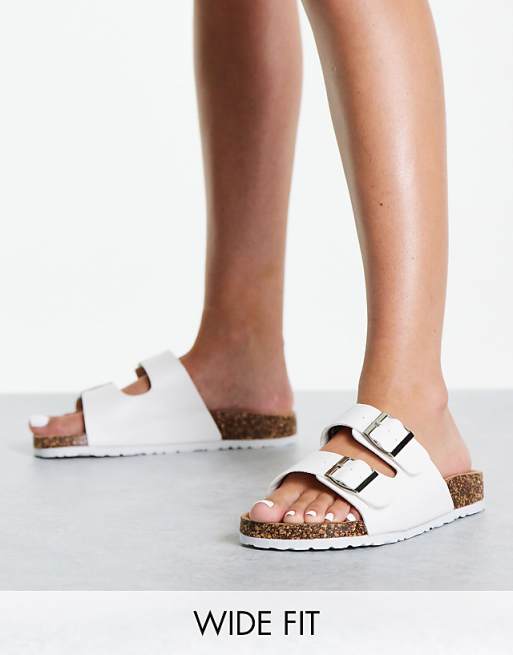 Yours WIDE FIT double buckle flat sandals in white | ASOS
