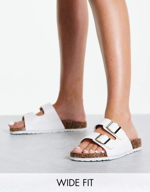 Yours wide fit double buckle flat sandals in white