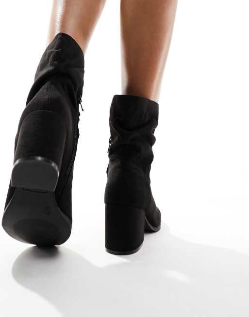 BELLE RUCHED SLOUCH BLOCK HIGH HEEL SOCK ANKLE BOOTS IN BLACK PU