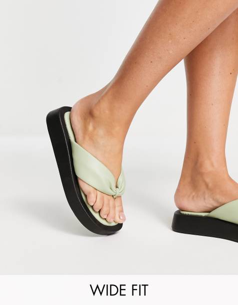 Yours Wide Fit toe post flatform sandals in green - view 1