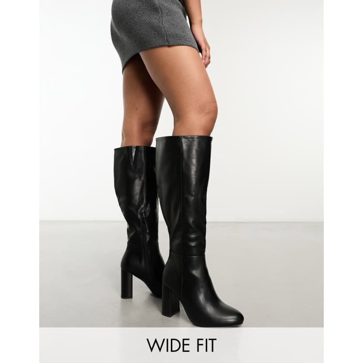 Yours Wide Fit – Wadenhohe Stiefel in Schwarz mit Absatz, weite