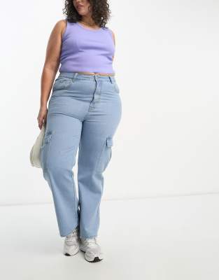 Yours Yours wide leg cargo jean in mid blue