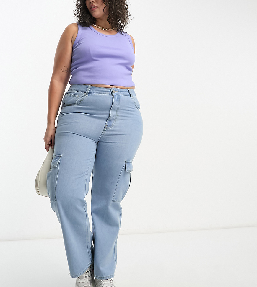 Yours Wide Leg Cargo Jeans In Mid Blue