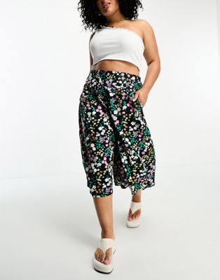 Yours Wide Leg Culottes In Black Floral