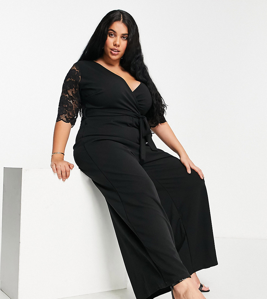 Yours wide leg jumpsuit with lace detail in black