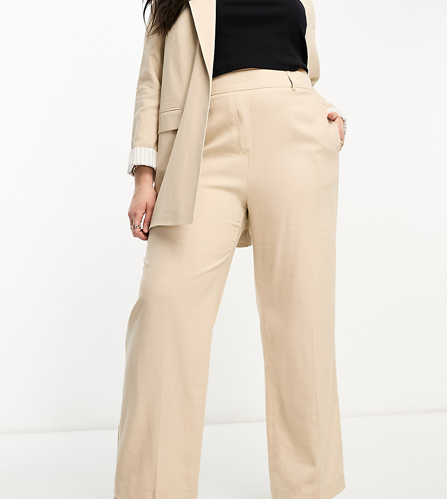 Yours wide leg linen look trousers in stone-Neutral