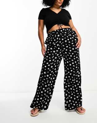 Yours Wide Leg Pants In Black Daisy Floral In Black