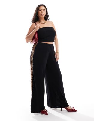 wide leg pants with leopard detail in black