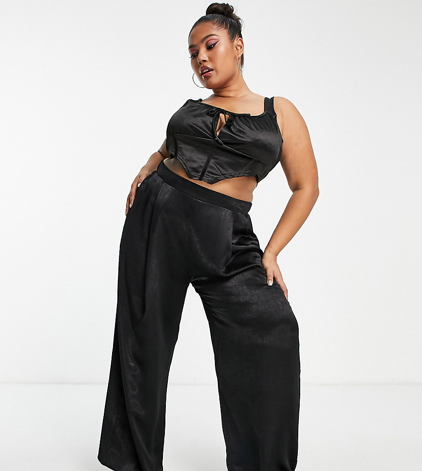 Yours Exclusive Fluffy Trim Satin Wide Leg Pants In Black - Part Of A Set