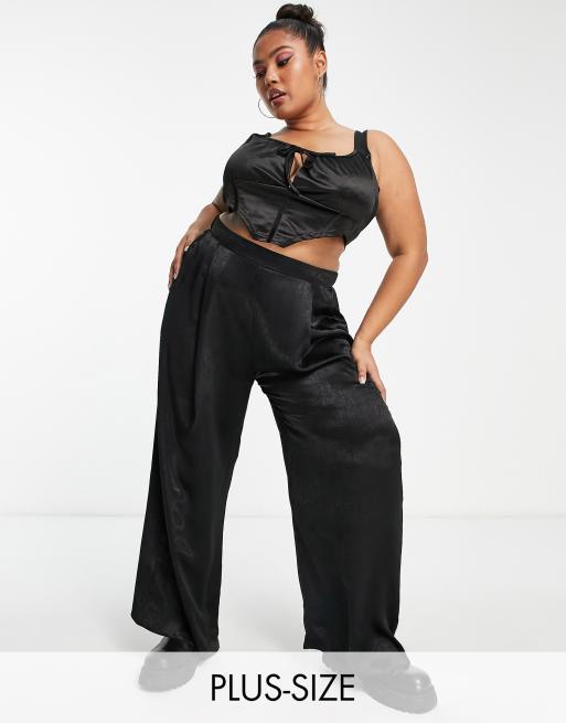 Plus Size Satin High Waisted Wide Leg Pants  High waisted wide leg pants,  High waisted pants outfit, Black high waisted pants