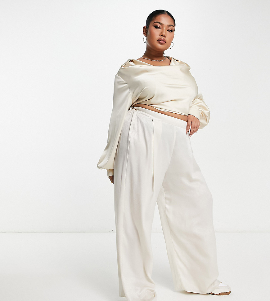 Yours wide leg satin trouser in stone-Neutral