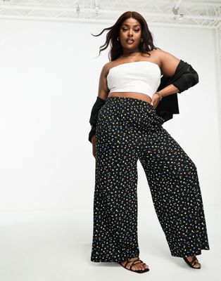 Yours wide leg trouser in black ditsy floral