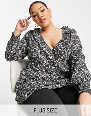 Yours wrap blouse with frill detail in black floral