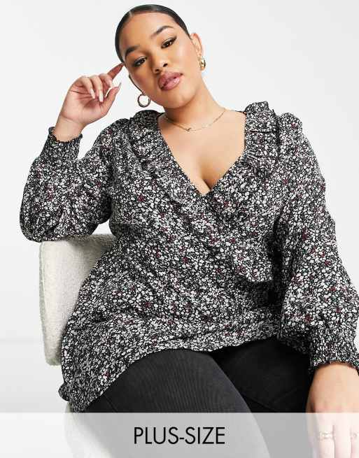 Yours wrap blouse with frill detail in black floral